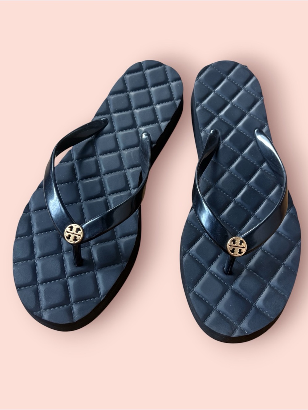 TORY BURCH Black Willa Quilted Flip Flops Sandals Gold Logo